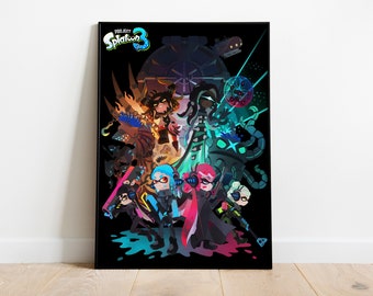 May include: A black and white poster featuring characters from the video game Splatoon 3. The poster has a dark background with a large, colourful image of the characters in the centre. The text "Splatoon 3" is in the top left corner of the poster.