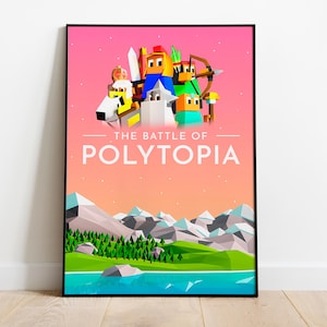 May include: A framed poster featuring a colorful, geometric illustration. The artwork depicts a group of stylized characters above the text "THE BATTLE OF POLYTOPIA." Below, a landscape with mountains, trees, and a lake is visible.