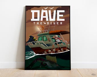 May include: A cartoon illustration of a boat with a person on board. The boat is labelled "Dave The Diver". The boat is in the water with a sunset in the background.