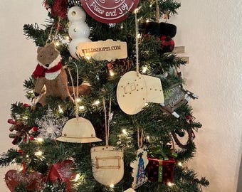 wooden christmas ornaments for construction workers and welders