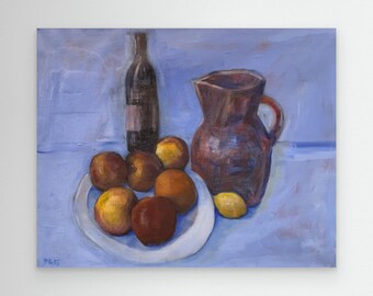 Still Life Art Print, Fruit and Wine Painting, Rustic Kitchen Wall Art, French Country Decor, Traditional Oil Painting Print rustic cottage