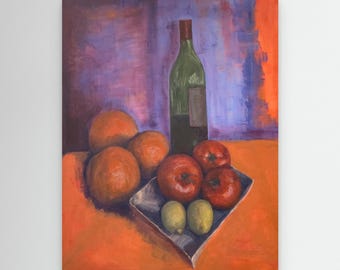 Still Life Oranges, Tomatoes, Lemons, Green Bottle Print: Rich Brushwork Kitchen ArtCitrus Harmony, French farmhouse, European domestic look