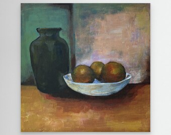 Still Life Art Print, Contemporary Fruit Painting, Ceramic Vase Wall Art, Kitchen Decor, Modern Oil Painting, Fine Art Print Cottage core