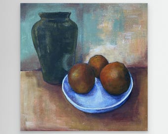 Minimalist Still Life Art Print, Ceramic Vase and Fruit Painting, Modern Kitchen Wall Art, Contemporary Oil Painting, Neutral Home Decor