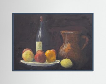 Classic arrangement of fruit,  ceramic pitcher, and bottle against a dark background. Soft contrasts, muted tones,  calm and simplicity.