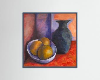 Plump summer oranges in a simple white bowl and a blue jug in a calming setting,  classic contemporary art in the French tradition