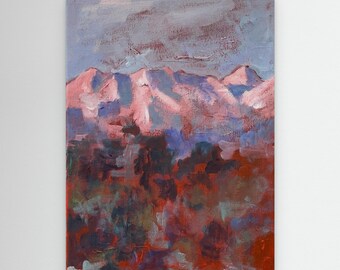 White Greek Mountains bathed in soft pink hues against a calm sky, a forest rendered in rich, earthy tones, a tranquil natural landscape
