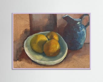 Orange  Still Life Art Print, Blue Jug Painting, Kitchen Wall Art, Contemporary Oil Painting, French Country Decor, Fine Art Print