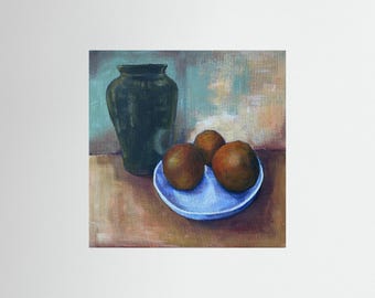 Minimalist Still Life Art Print, Ceramic Vase and Fruit Painting, Modern Kitchen Wall Art, Contemporary Oil Painting, Neutral Home Decor