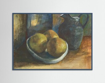 Oranges Still Life Art Print, Contemporary Oil Painting, Blue Ceramic Jug Wall Art, Kitchen Decor, Fine Art Print, Rustic Home Decor cottage