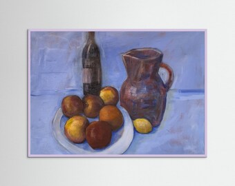 Blue study Still Life Art Print, Fruit and Wine Painting, Rustic Kitchen Wall Art, French Country Decor, Traditional Oil Painting Print art