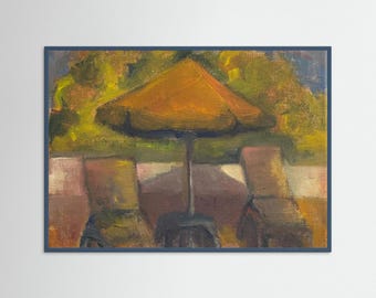 Pool terrace Wall Art Print, Outdoor Still Life Painting, Summer Terrace Decor, Impressionist Landscape Art, Yellow Parasol Print Med Art