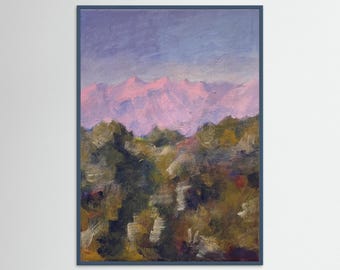 White Greek Mountains bathed in soft pink hues against a calm sky, a forest rendered in rich, earthy tones, a tranquil natural landscape