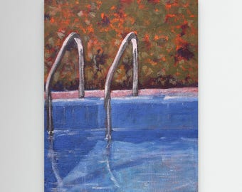 Calm pool scene: a stainless-steel ladder deep blue water that subtly mirrors the orange and brown of autumn foliage, study kitchen bath