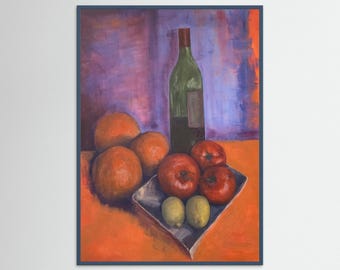 Still Life Oranges, Tomatoes, Lemons, Green Bottle Print: Rich Brushwork Kitchen ArtCitrus Harmony, French farmhouse, European domestic look