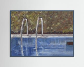 Tranquil pool scene  bordered by lush greenery the muted colors and soft textures convey a quiet moment of stillness by the water, cool