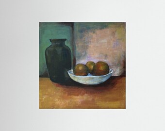 Still Life Art Print, Contemporary Fruit Painting, Ceramic Vase Wall Art, Kitchen Decor, Modern Oil Painting, Fine Art Print
