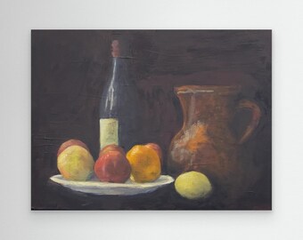 Classic Cezanne style still life, fruit, a ceramic pitcher, and a bottle, dark background, soft contrasts, muted tones, calm, simpliciy