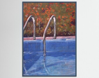 Blue Pool Reflection with Autumn Leaves — Contemporary Original Painting late afternoon,  Quiet Outdoor Pool Canvas Art, calming impressions