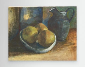 Oranges Still Life Art Print, Contemporary Oil Painting, Blue Ceramic Jug Wall Art, Kitchen Decor, Fine Art Print, Rustic Home Decor