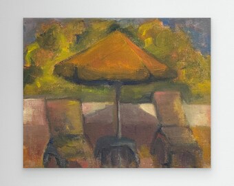 Summer Garden Patio Wall Art Print, Outdoor Still Life Painting, Summer Terrace Decor, Impressionist Landscape Art, Yellow Parasol Print