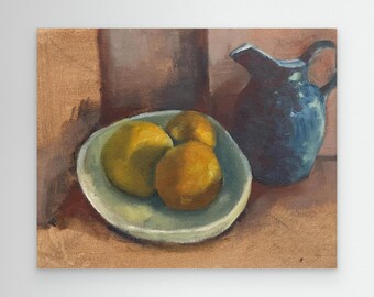 Oranges Still Life Art Print, Blue Jug Painting, Kitchen Wall Art, Contemporary Oil Painting, French Country Decor, Fine Art Print Summer