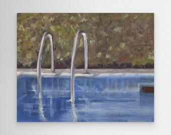 Tranquil pool scene  bordered by lush greenery the muted colors and soft textures convey a quiet moment of stillness by the water, cool