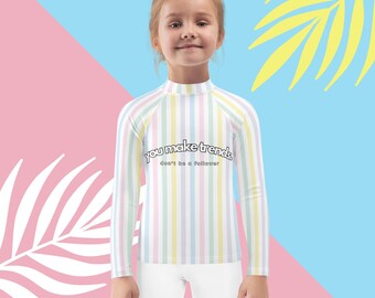 kids uv swimwear long sleeve rash guard swim top UPF50 sun protection palm beach pastel stripes pink blue white yellow mint sea pool girl