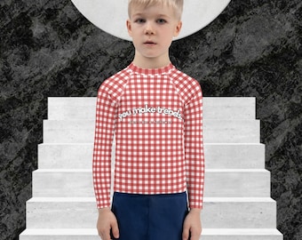 kids uv swimwear long sleeve rash guard swim top UPF50 sun protection red white gingham sea boy girl