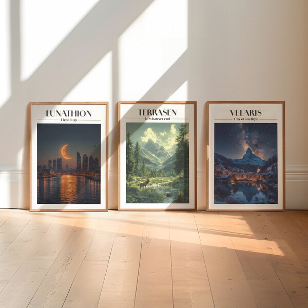 Set van 3 posters | SJM Universum geïnspireerd | Boho-poster | Digitaal downloaden | Kunst aan de muur | Sarah J Maas | Terrasen Velaris Lunathion