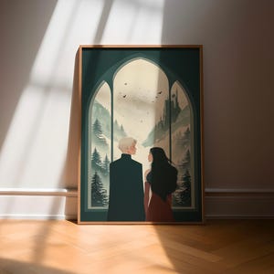 May include: A framed art print featuring a couple gazing out a large arched window at a mountain landscape. The artwork has a muted color palette with a focus on the figures and the scenery. The frame is a light wood color.