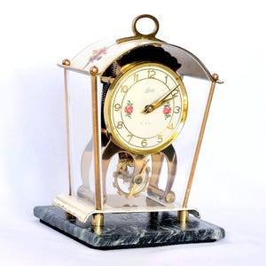 Vintage Schatz Skeleton Clock, German 8-Day Brass Movement, Green Marble Base