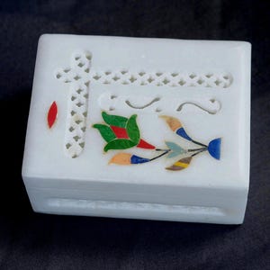 Precious Floral White Marble, Inlaid Hand Painted Jewelry Box.