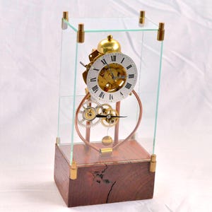 Steampunk Skeleton Clock, Brass Copper Gears, Glass Dome, Wood Base, Wind Up Mechanism