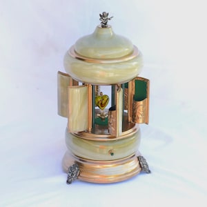 Vintage Italian Onyx Carousel Music Box, Reuge Swiss Movement Lipstick Holder