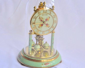 Kieninger Jubiläum Uhr, Florale Emaille, Glaskuppel, Deutsches Sammlerstück