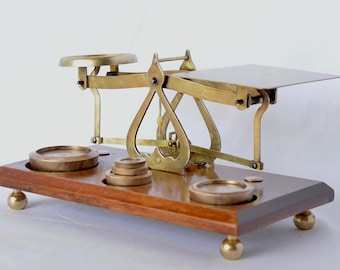 Vintage set of Brass letter postage scales complete with it’s weights, Desktop Display, Library Show Table, Home Display Center Piece