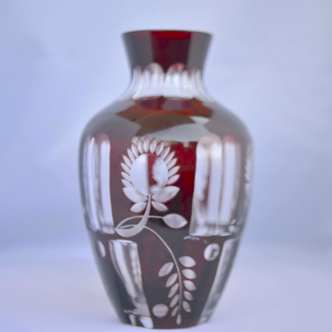 Ruby Overlay Glass Vase, Beautifully Cut Design With Ruby Overlay ...