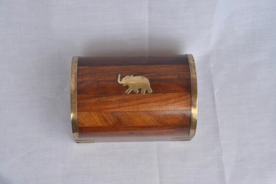 Wooden TREASURE CHEST with Inlaid Brass Elephant … - image 4