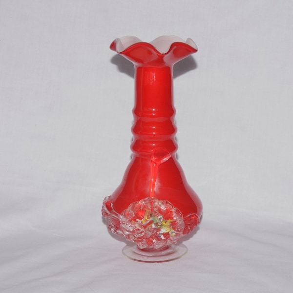 Vintage Glass Vase Plum Blossom Applied Hand Blown Millefiori Flowers Ruffle Top, Hand made Art Glass