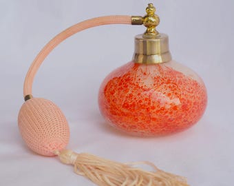 Vetro opalino arancione di Murano vintage anni '60, bottiglia atomizzatore di profumo,