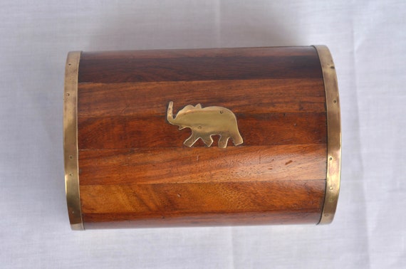 Wooden TREASURE CHEST with Inlaid Brass Elephant … - image 1