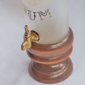 Vintage Old Rum Liquor Dispenser – Frosted Glass Wood Base Brass Spigot – Mid Century Barware