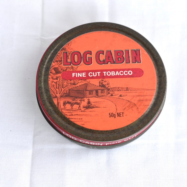 Log Cabin Fine Cut 50g Round Tobacco Tin Made In Australia Empty Vintage, The vintage design features a log cabin