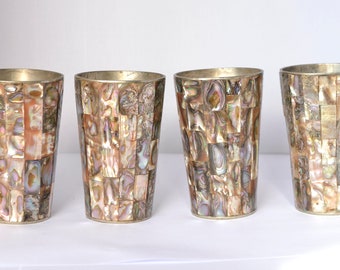 Vintage Mid Century, silver and abalone shell inlay cups, Made in Mexico By Alpaca  Circa 1960s, Shel in Silver Plate, Bar Display, Cave Man