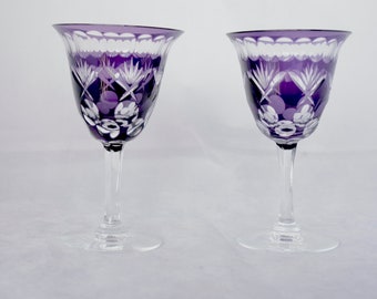 Vintage set of two Amethyst Purple Plum Shaped Wine Goblet Glass Purple Bohemian crystal hock glasses with starburst motif Circa 1970s