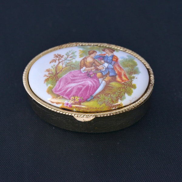 Vintage Courting Couple Pill Gold Colour Metal Box - Signed Fragonard