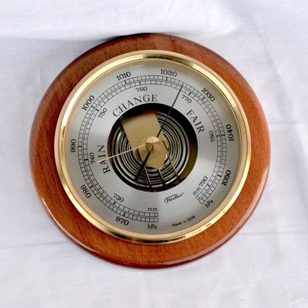 Large Brass, Round Oak Wooden Fisher Pascal Barometer, High Quality Piece,