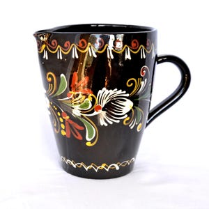 Hand Painted Hungarian Ceramic Pitcher, Vintage Floral Folk Art Pottery