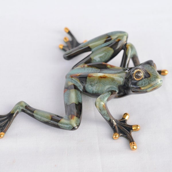 Glaze Brown Green, Golden Large Ceramic Frog Figurine, Realistic hand Painted souvenirs High collectable Golden Pond by Shudehill Giftware